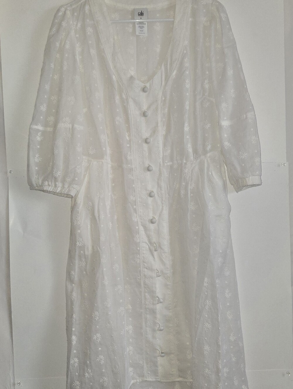 Cabi Midsummer Dress 6 White Floral Embroidered Button Coastal Cottagecore Boho